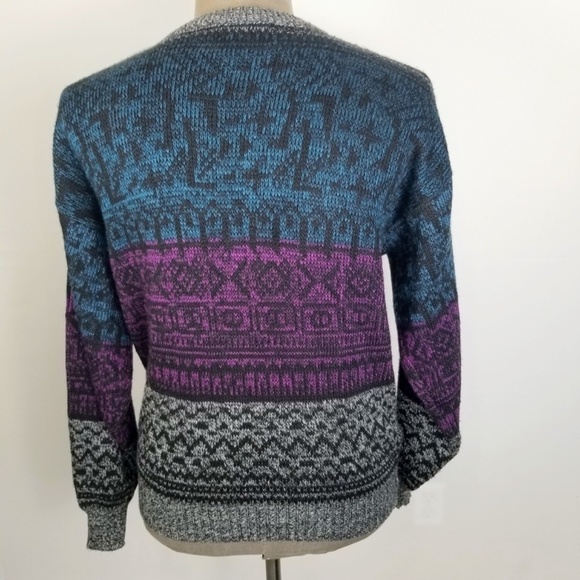 Vintage 90s Purple and Teal Printed Cozy Cardigan Grandpa Sweater Size Large - Picture 2 of 7